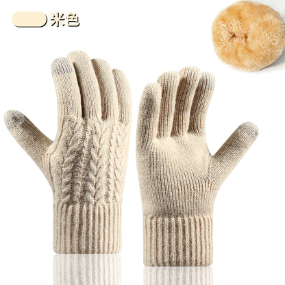 新款保暖触屏手套女士秋冬季款加绒加厚双层防寒户外骑行针织手套