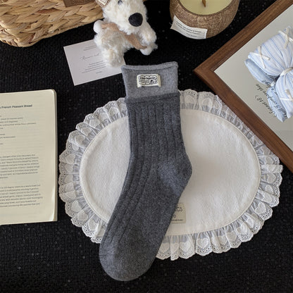 保暖灰色羊毛袜子女中筒袜秋冬季款加厚ins潮韩系条纹布标长筒袜