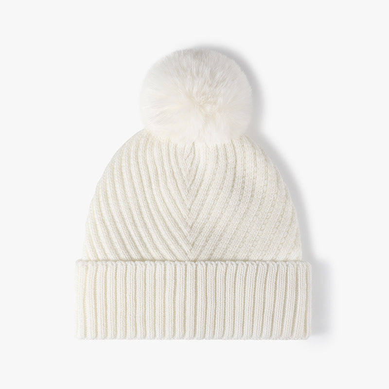 White pom-pom faux fur-lined cuffed knit beanie product view