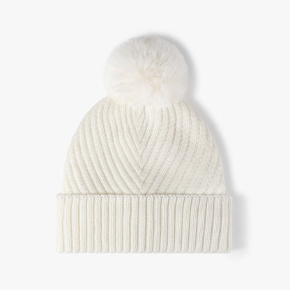 White pom-pom faux fur-lined cuffed knit beanie product view