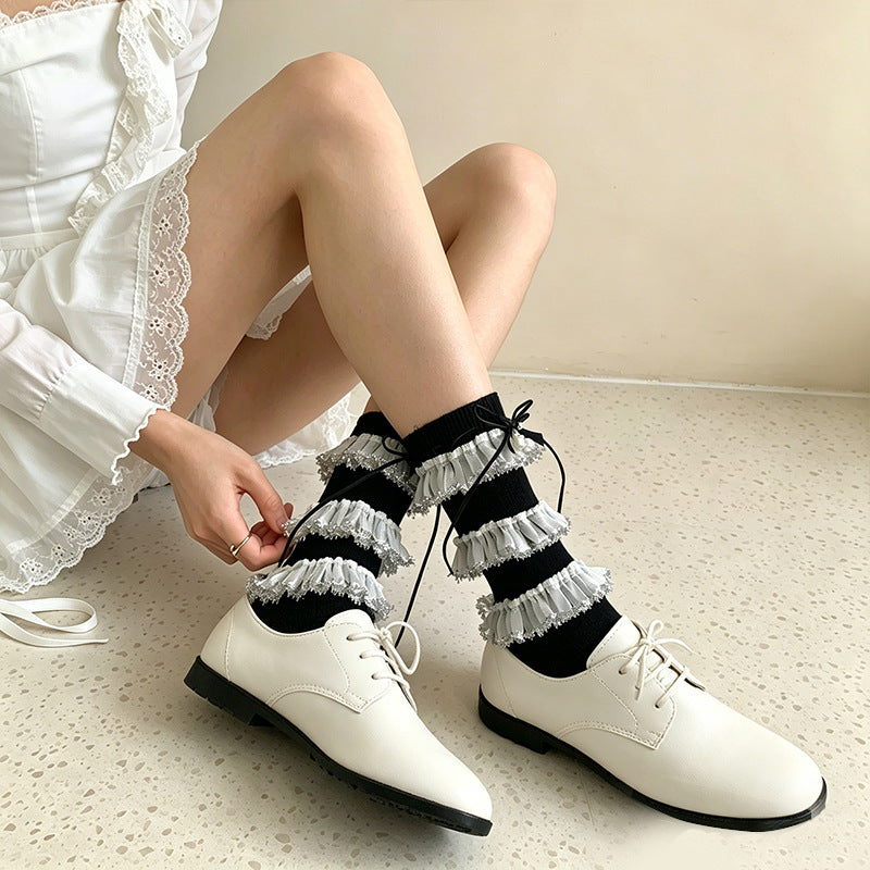日系lolita蕾丝花边少女袜子夏季薄款小众蝴蝶结堆堆袜撞色中筒袜