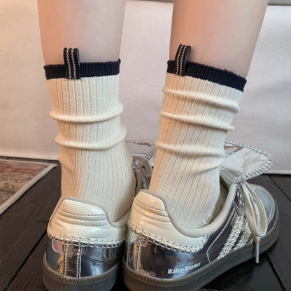 奶白色条纹袜子女秋季纯棉布标中筒袜ins潮韩版学院风长袜堆堆袜