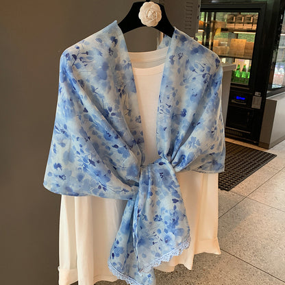 Scarvii - Sheer Watercolor Floral Lace-Trim Scarf