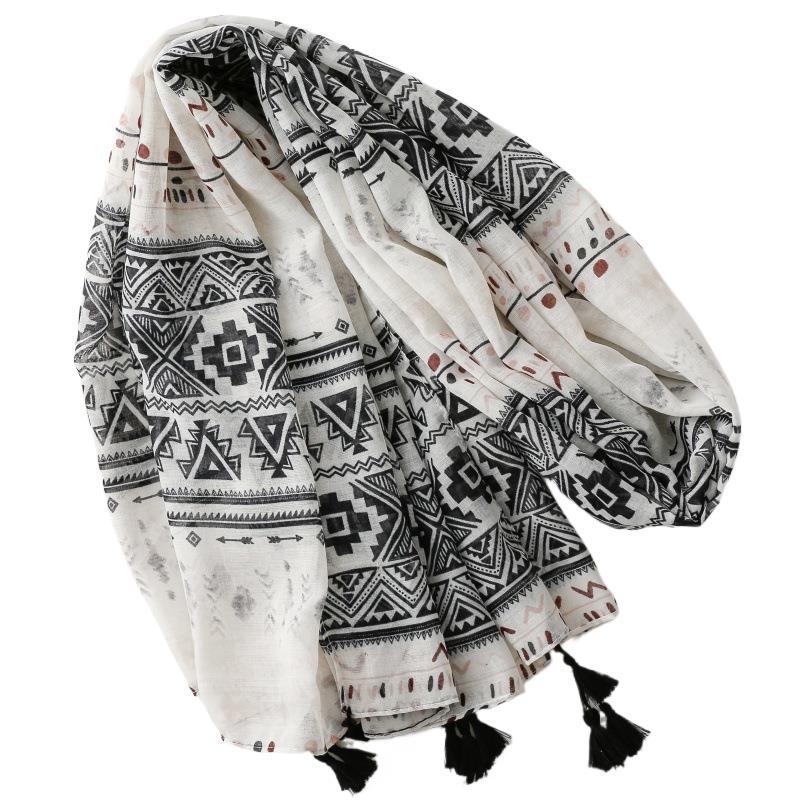 Geometric Band Tassel Wrap Scarf, draped front view