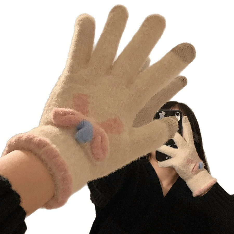 蝴蝶结分指手套女冬季ins加绒加厚毛绒保暖骑行针织可爱少女潮
