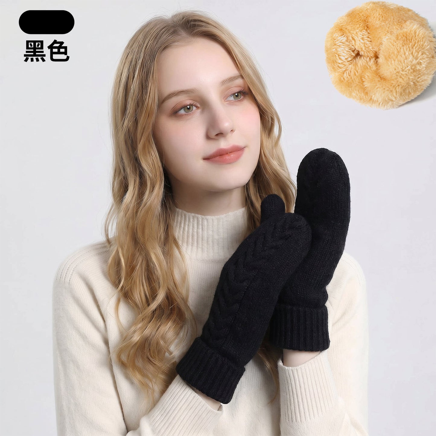 新款包套手套女士秋冬季双层加绒加厚保暖防寒针织手套连指手套