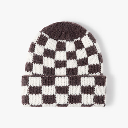 Brown White checkerboard knit cuffed beanie