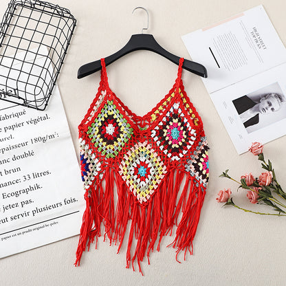 Zoomed view of crochet texture on Crosa Bohemian Camisole Tank Top