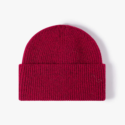Red fuzzy ribbed wide cuff knit beanie product view