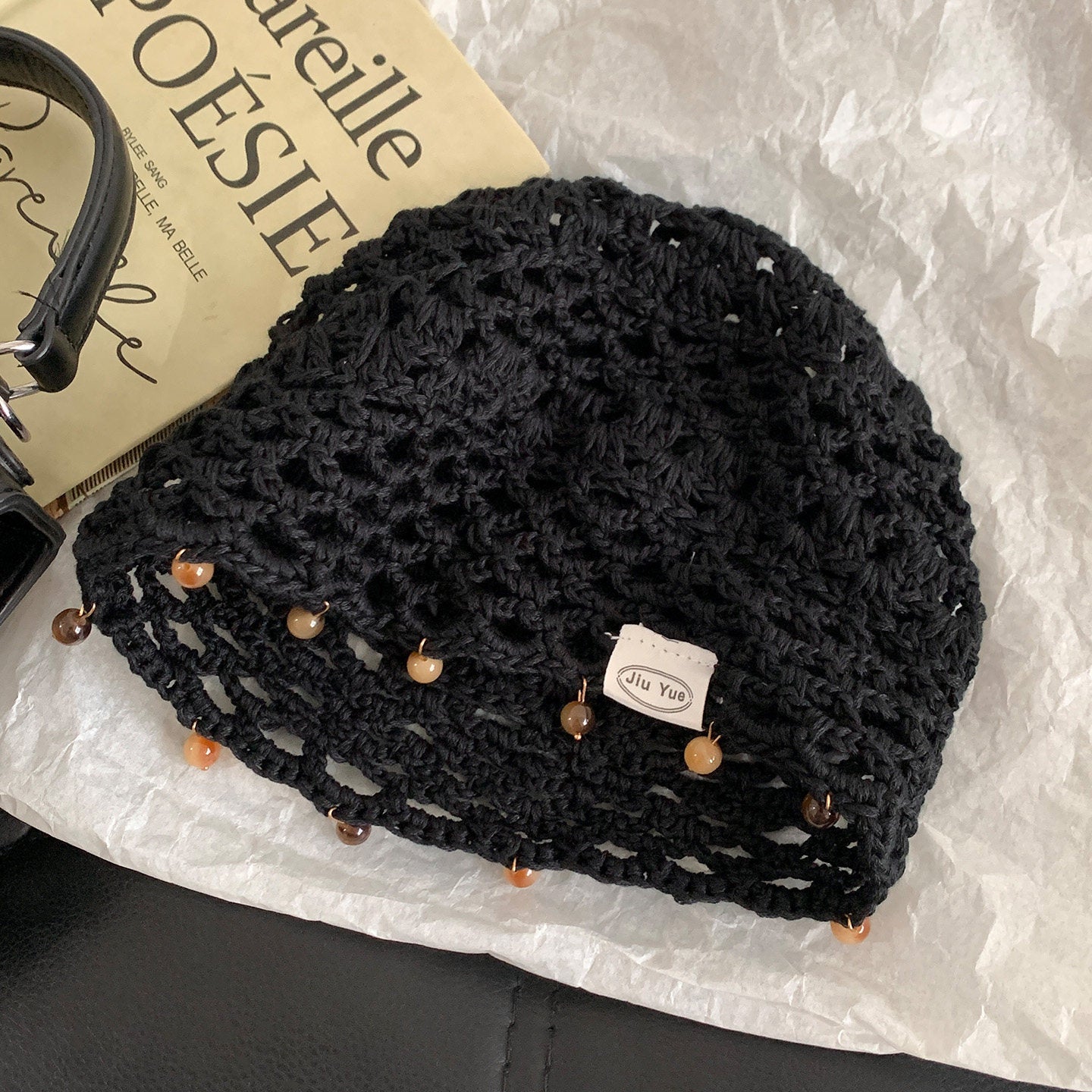 Haila - Solid Color Openwork Bead Charm Beanie