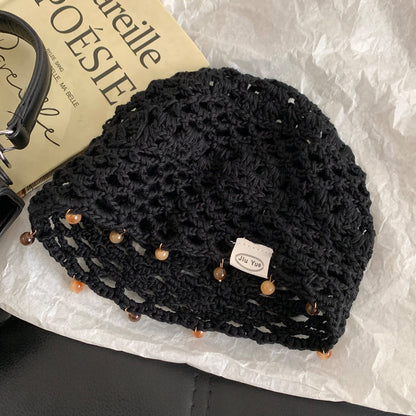 Haila - Solid Color Openwork Bead Charm Beanie
