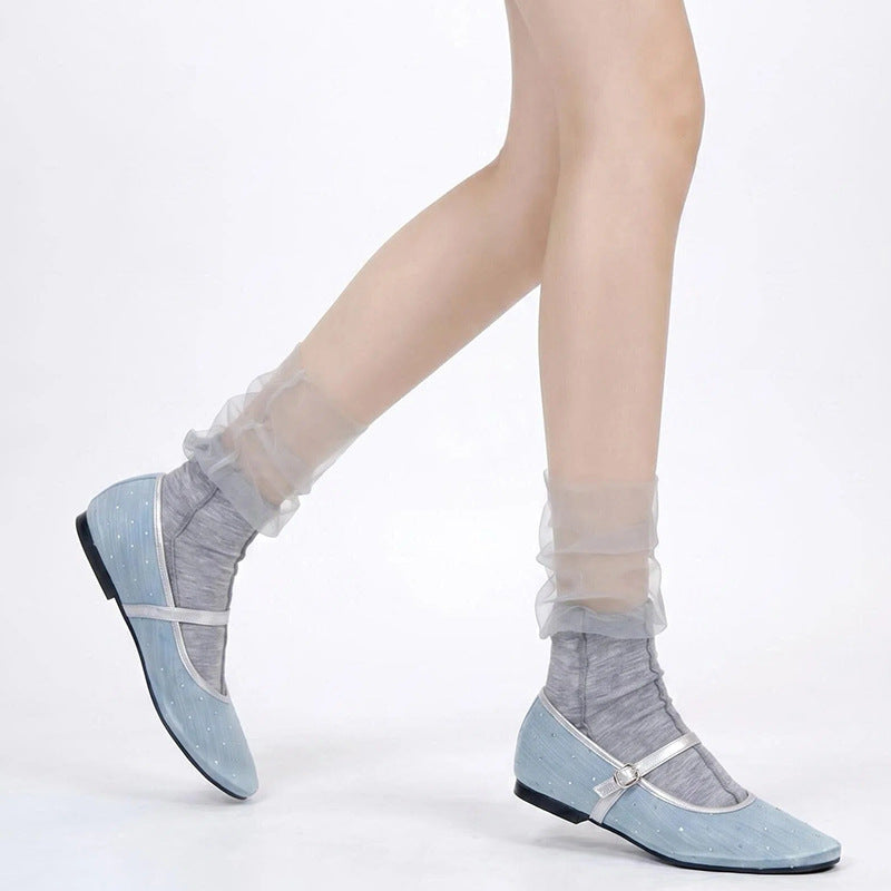 Rufia - Gathered Sheer Mesh Mid-Calf Socks