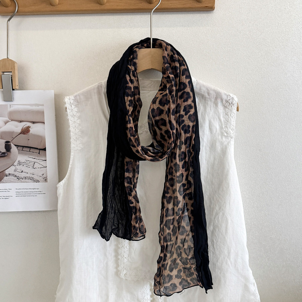 Scarvii - Crinkled Leopard Print Long Rectangular Scarf