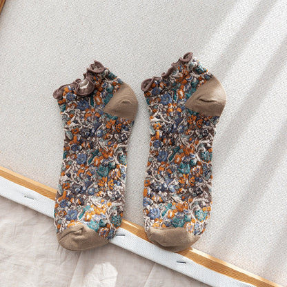 Rufia- Summer Floral Print Lace Trim Low-Cut Socks