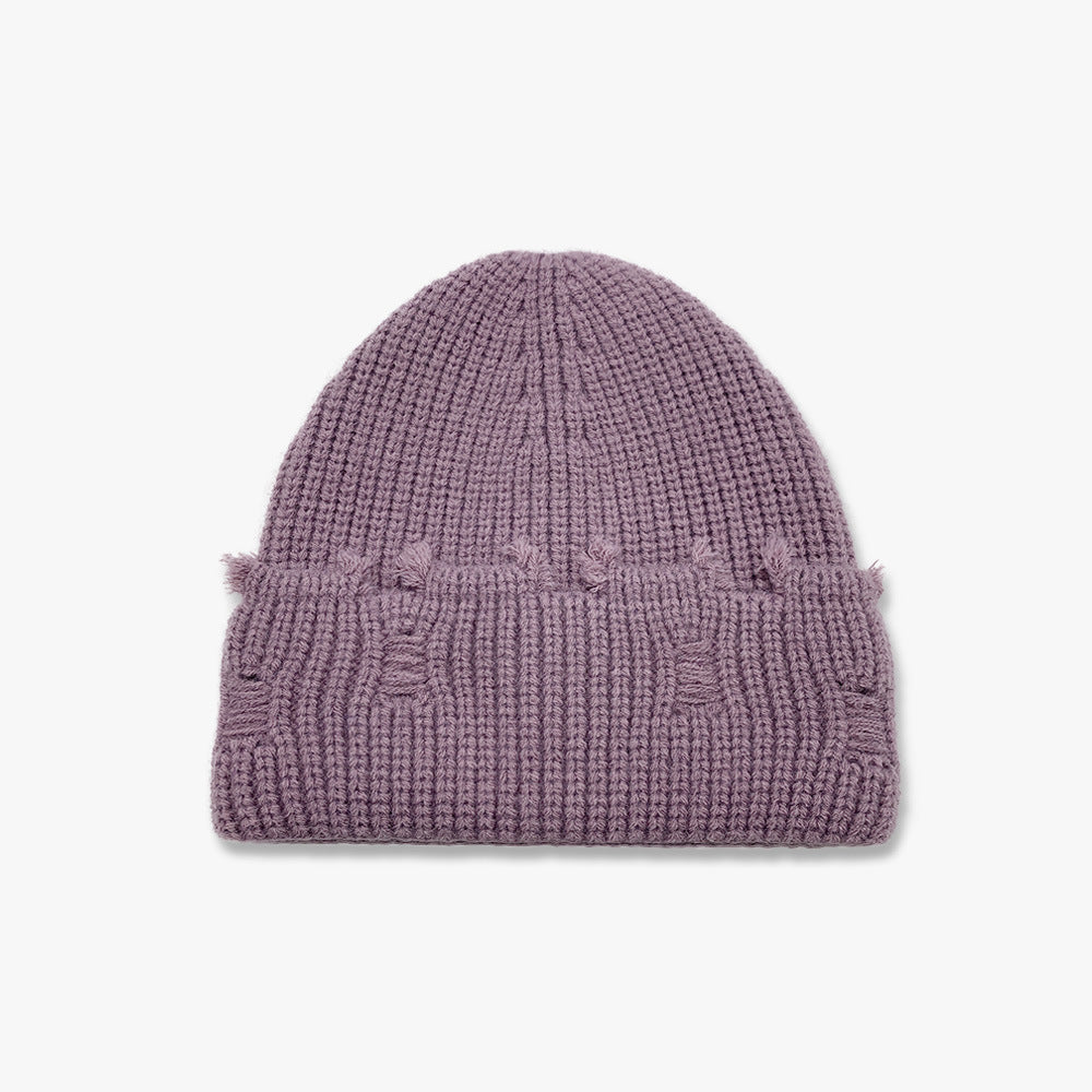 Haila - Solid Color Distressed Frayed Knitted Hat for Women