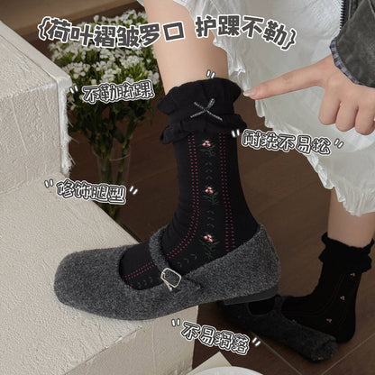 CHEEMYFREE秋冬复古田园立体花边中筒袜子女韩系花束无骨堆堆棉袜