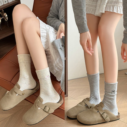 阿程家批发袜子点子纱女春秋中筒袜蝴蝶结刺绣JK洛丽塔双针堆堆袜
