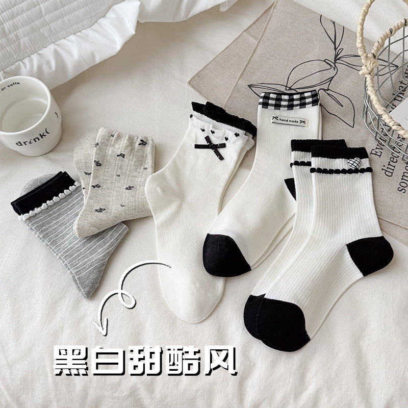 秋季袜子中筒袜女款防臭吸汗棉袜防臭吸汗黑白系甜美蝴蝶结堆堆袜
