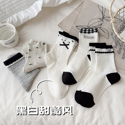 秋季袜子中筒袜女款防臭吸汗棉袜防臭吸汗黑白系甜美蝴蝶结堆堆袜