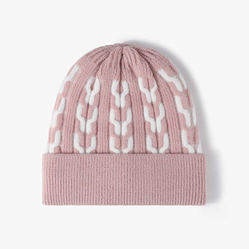 Pink contrast chain-pattern fleece-lined beanie product view