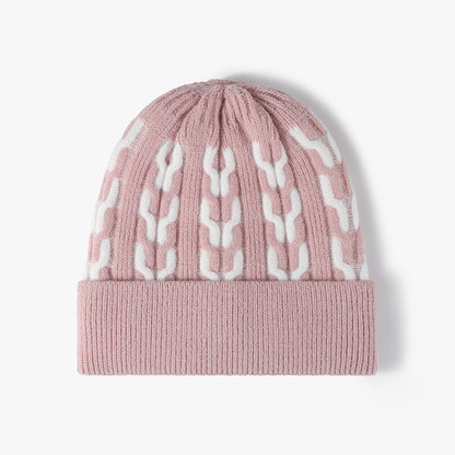 Pink contrast chain-pattern fleece-lined beanie product view