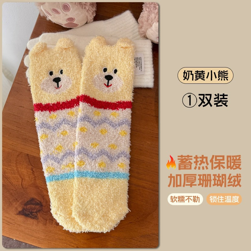 批发半边绒女秋冬保暖松口地板袜日系卡通毛绒月子睡眠袜小熊