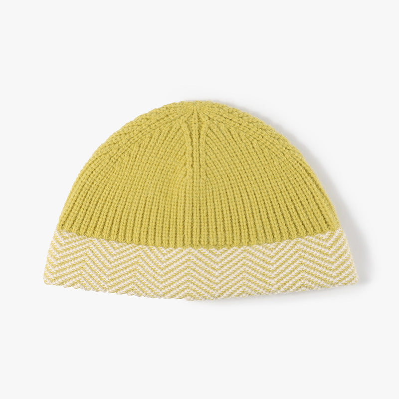 Mustard Yellow herringbone cuff textured knit beanie product view