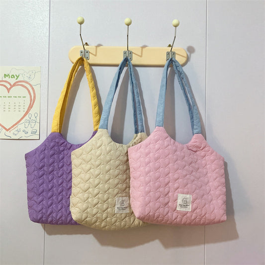 Heart Pattern Quilted Color Block Tote Bag