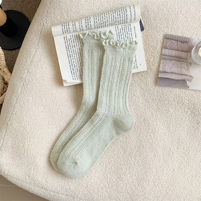 木耳边袜子女中筒袜秋冬季加厚保暖羊毛袜可爱花边简约纯色堆堆袜