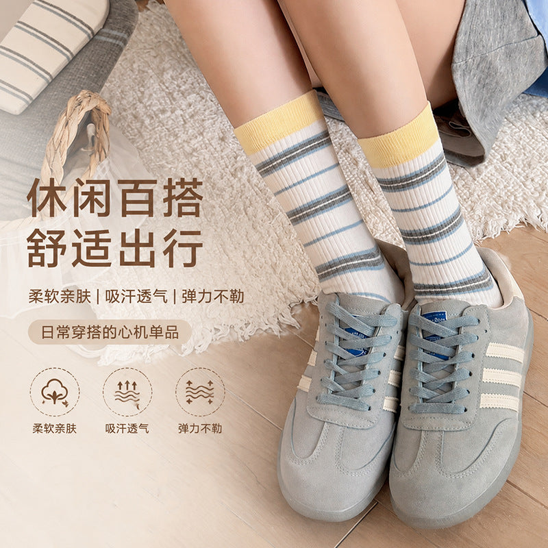 女士条纹中筒袜可爱刺绣无骨堆堆袜春秋棉袜舒适亲肤休闲百搭款