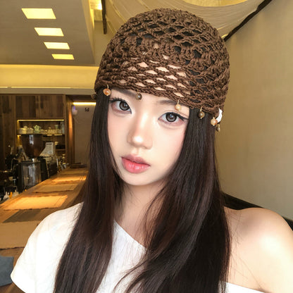 Haila - Solid Color Openwork Bead Charm Beanie