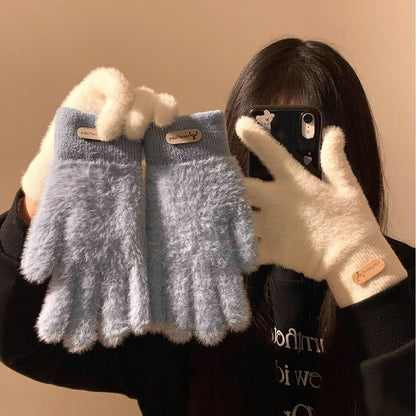 手套冬天女士可爱加绒触屏加厚保暖冬季学生防寒骑车毛绒全指骑行