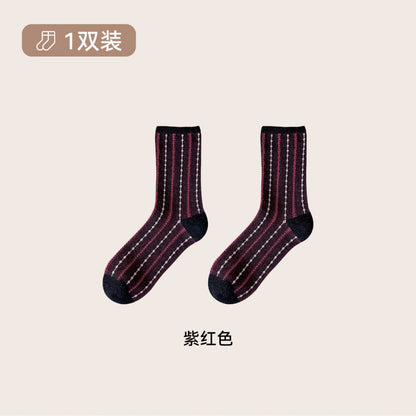 远润家秋冬复古日系条纹袜子女中筒百搭无骨潮流棉袜女堆堆袜子CH