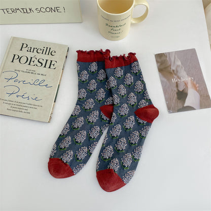 Rufia - Embossed Wheat Ear Pattern Ruffle Mid-Calf Socks