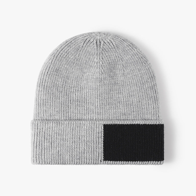 Light Gray faux fur-lined contrast patch knit beanie product view