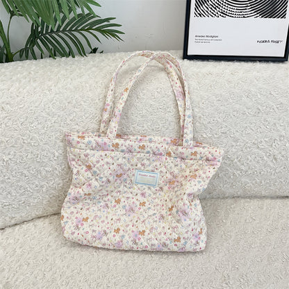 Cosbai - Floral Quilted Tote Bag with Cartoon Pattern