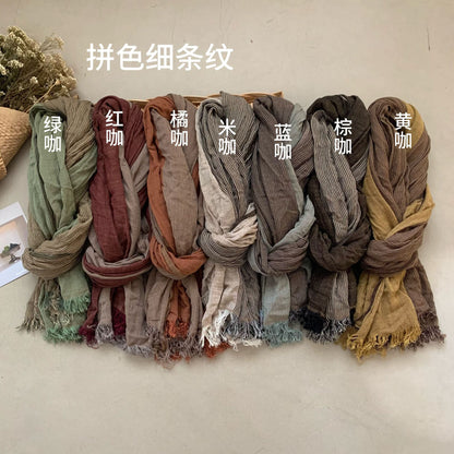 新款围巾棉麻手感渐变蓝色秋冬围巾复古百搭印花女士长条褶皱披肩