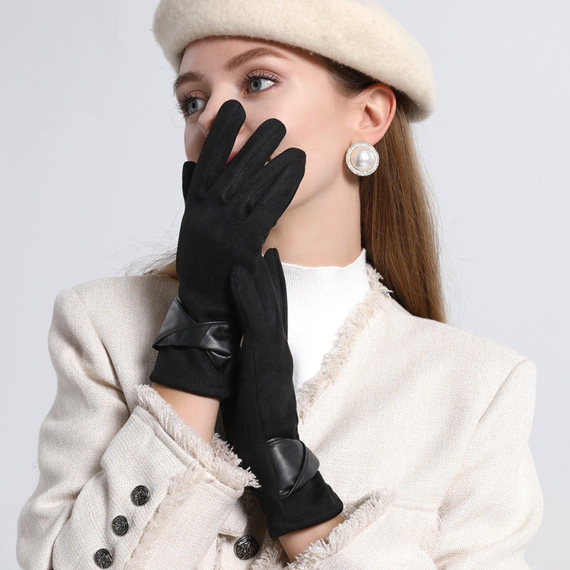 冬季手套女麂皮绒防寒保暖手套女加绒加厚手套男蝴蝶结触屏手套女