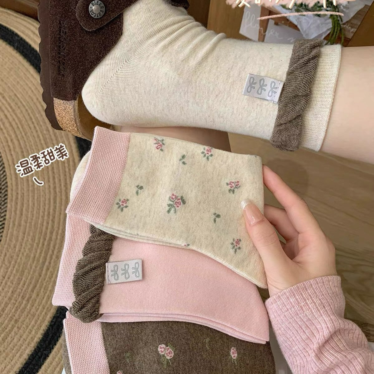 碎花袜子女中筒袜夏季薄款棉袜韩版日系复古咖色布标粉色撞色长袜