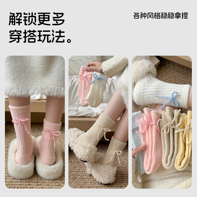 阿程家批发澳绒袜子女士秋冬加绒加厚中筒袜保暖冬季蝴蝶结堆堆袜
