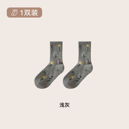 CHEEMYFREE复古森系小雏菊花朵中筒袜子女秋冬羊毛保暖韩系堆堆袜