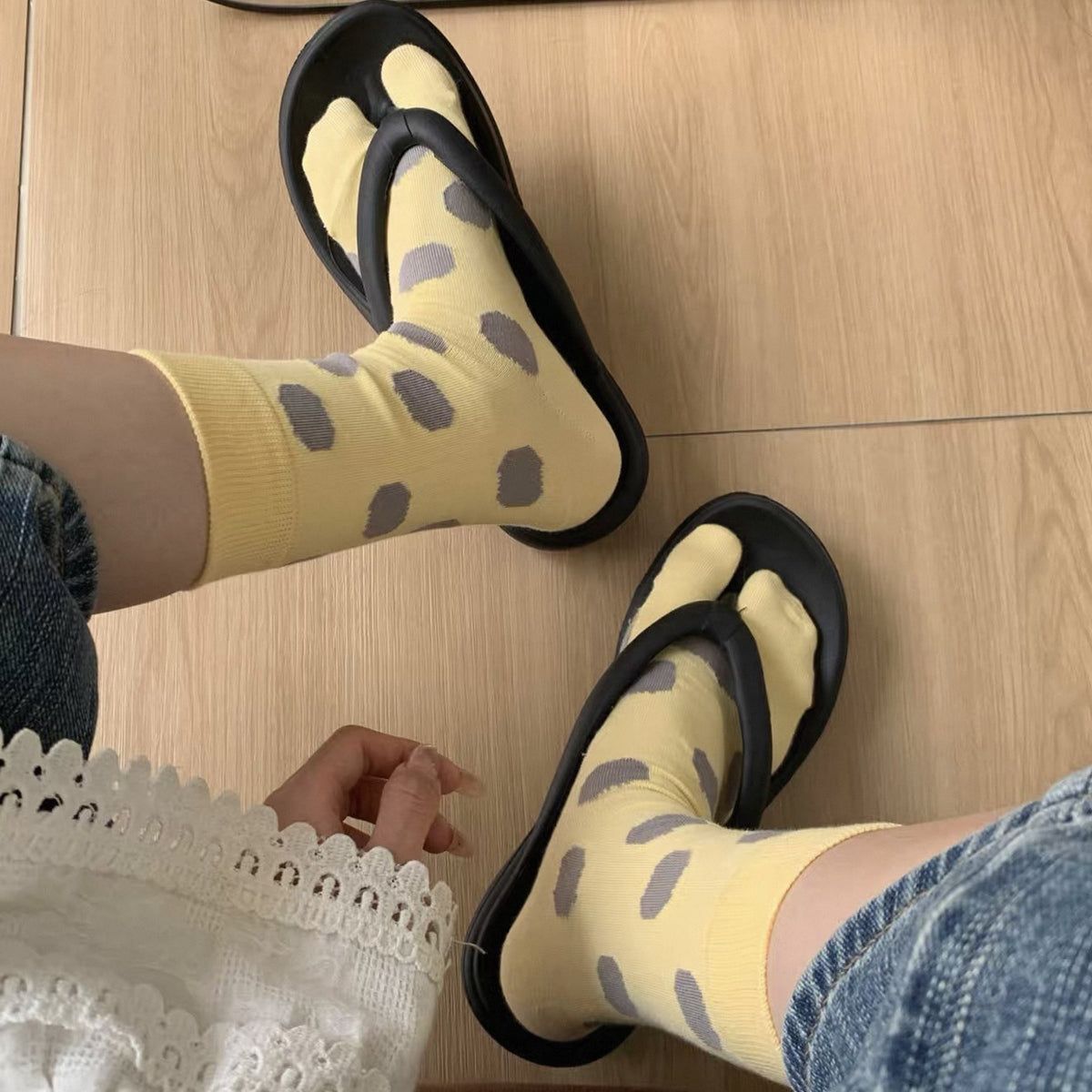 糖果彩色波点分趾袜日系百搭中筒袜春秋可爱搭配马蹄分趾鞋堆堆袜