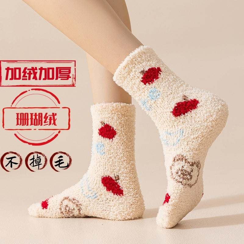 跨境秋冬保暖珊瑚绒中筒袜 加绒加厚女生睡眠袜居家月子地板袜