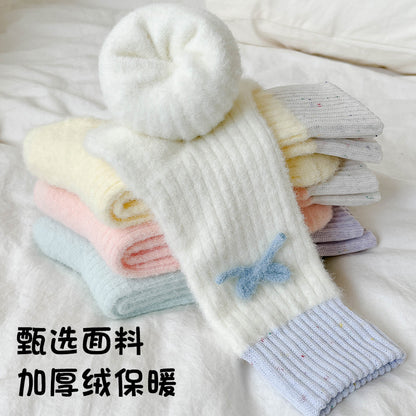 蝴蝶结澳绒袜子女撞色点子纱中筒袜彩色保暖冬天加绒加厚毛绒袜