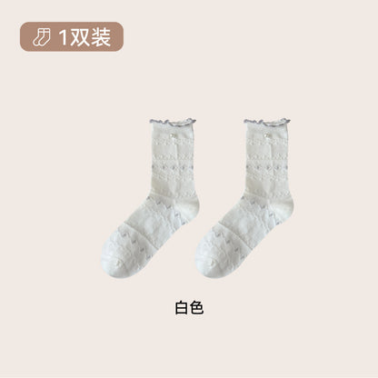 远润家秋冬新款小清新公主风中筒袜子女珍珠花边甜美无骨袜