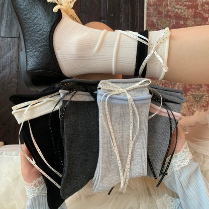 秋冬新款波点丝带蝴蝶结美拉德色中筒袜女撞色罗纹温柔韩系堆堆袜