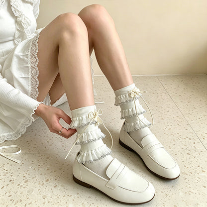 日系lolita蕾丝花边少女袜子夏季薄款小众蝴蝶结堆堆袜撞色中筒袜