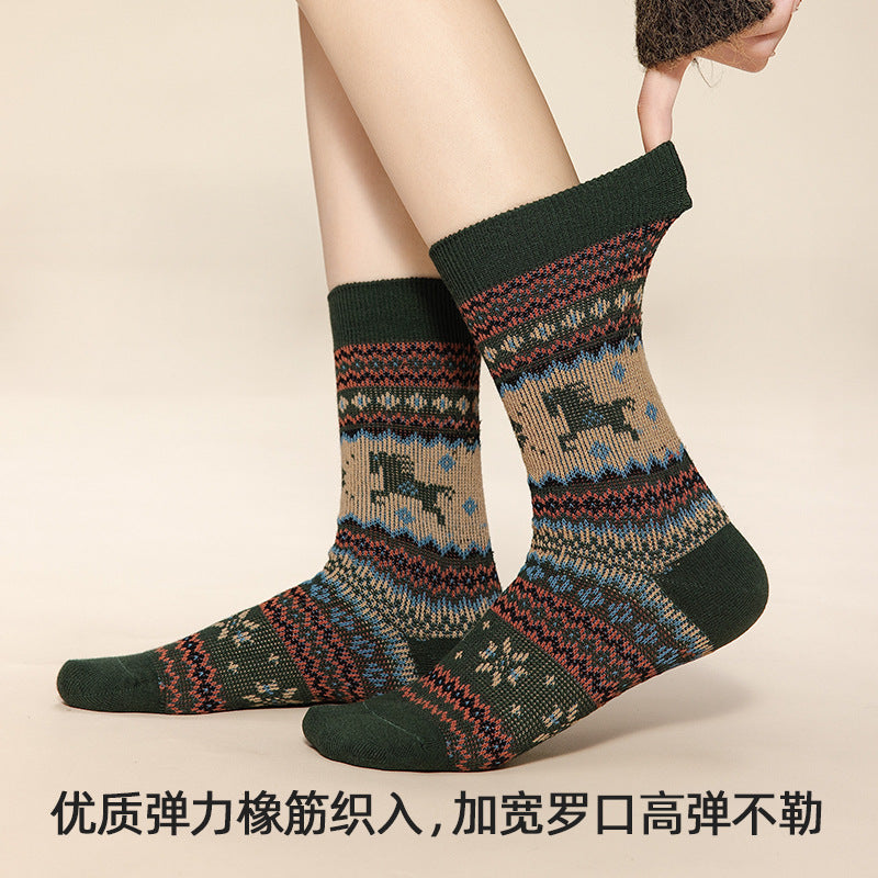 复古民族风中筒女袜秋冬季新款美拉德堆堆袜双针双路百搭马年袜子