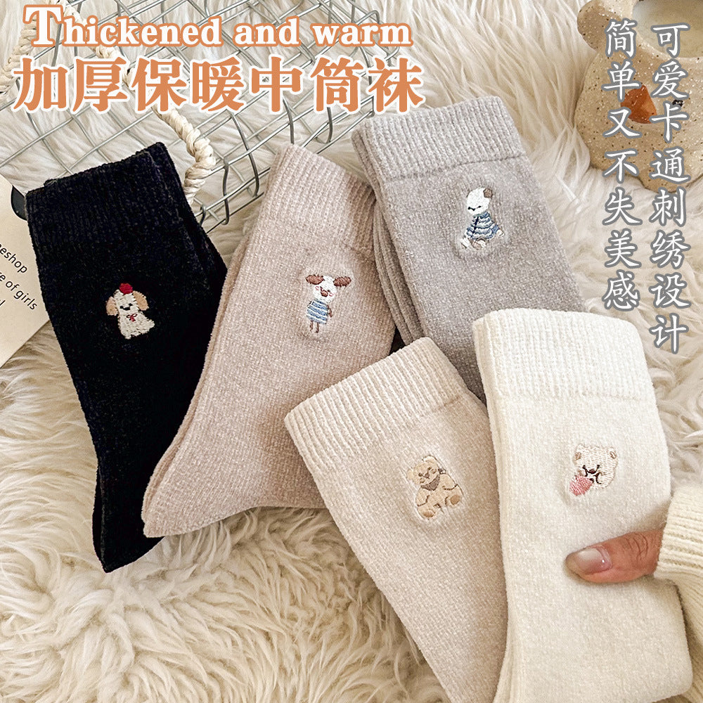 秋冬加厚保暖袜子女暖绒袜子卡通刺绣中筒袜堆堆袜地板袜