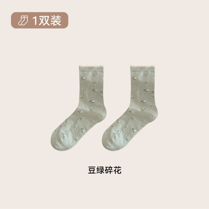 远润家秋冬新款复古森系肌理中筒袜子女百搭花边无骨堆堆袜